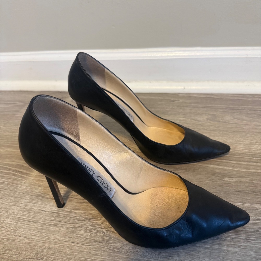 Jimmy Choo Black Leather Pointed Toe Stiletto Pumps Heels IT 38 US 8